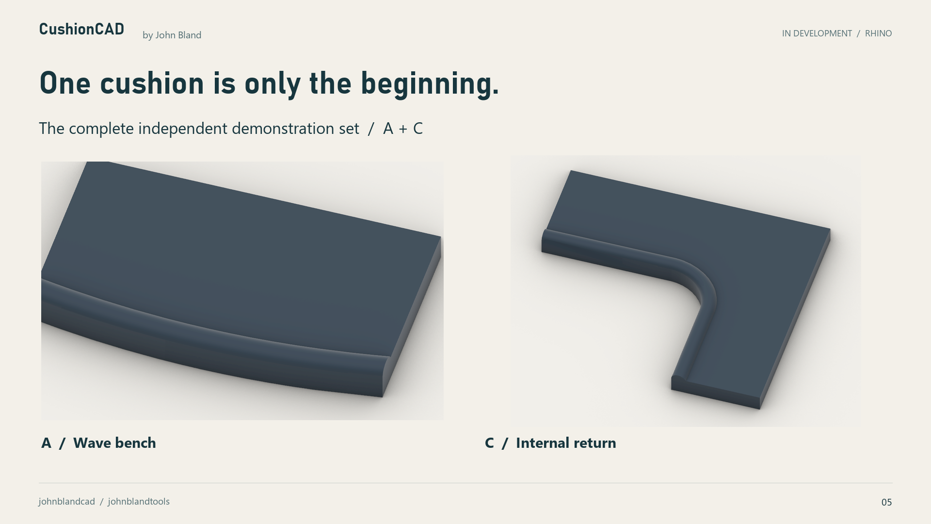 Complete independent A and C cushion CAD examples: wave bench and internal return